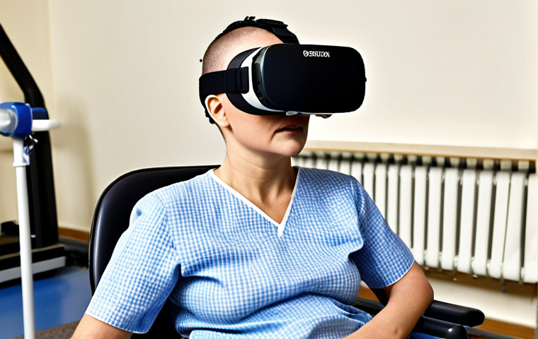 **A quadriplegic patient in a rehabilitation center, using virtual reality goggles, immersed in a simulated environment for motor skill training. The scene should convey hope and innovation, with medical professionals assisting.**