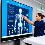 A professional adult physical therapist and a neuropsychologist, both fully clothed in modest professional dress, are assisting an adult patient in a modern, bright rehabilitation center. The patient, also fully clothed in appropriate athletic wear, is engaging with a sophisticated robotic exoskeleton on their leg, supported by the therapist. In the background, a large digital screen displays real-time brain activity patterns and AI-driven personalized therapy data, visualizing neuroplasticity in action. The scene emphasizes innovation, hope, and progress in recovery. Professional photography, high resolution, soft lighting, safe for work, appropriate content, fully clothed, professional, correct proportions, well-formed hands, natural body proportions, perfect anatomy, natural pose.