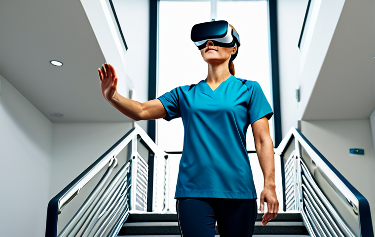 Virtual Reality Rehabilitation**

"A patient wearing a VR headset, fully clothed in athletic wear, participating in a virtual rehabilitation session, simulating walking up stairs, in a modern physical therapy clinic, appropriate content, safe for work, perfect anatomy, natural proportions, well-formed hands, professional, high-quality render, realistic lighting."

**