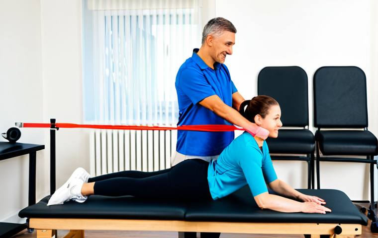 **

A person doing physical therapy exercises with a therapist in a bright, modern clinic. Focus on gentle movements, stretching with resistance bands, and maintaining balance. The person is wearing comfortable, athletic clothing. The scene evokes a feeling of encouragement and progress.
*safe for work*
*appropriate content*
*fully clothed*
*professional setting*
*perfect anatomy*
*natural proportions*

**