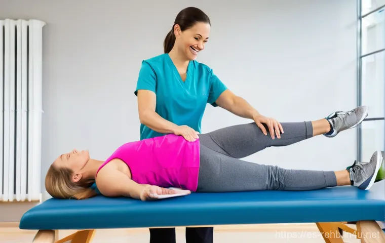 척추재활 치료 후기 - **Prompt:** A woman in her late 30s experiencing a sudden, sharp pang of lower back pain while attem...