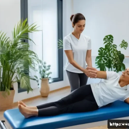 재활치료 후유증 관리 - A calm and bright physiotherapy clinic room featuring a middle-aged Hispanic woman in comfortable at...