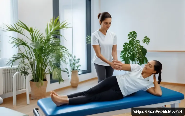 재활치료 후유증 관리 - A calm and bright physiotherapy clinic room featuring a middle-aged Hispanic woman in comfortable at...